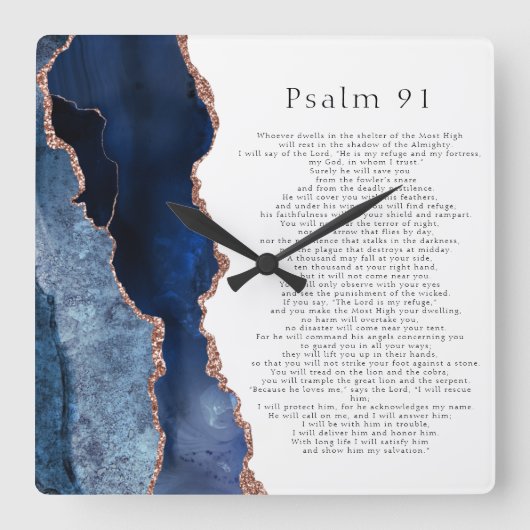Psalm 91 Scripture Navy Blue Rose Gold Geode Quadratische Wanduhr (Vorderseite)