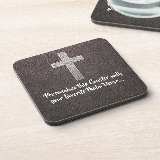 Psalm Text Metal Cross personalisieren auf dunklem Getränkeuntersetzer (Linke Seite)