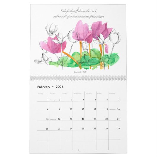 Psalms Bibelschrift Wasserfarbene botanische Pflan Kalender (Feb 2026)