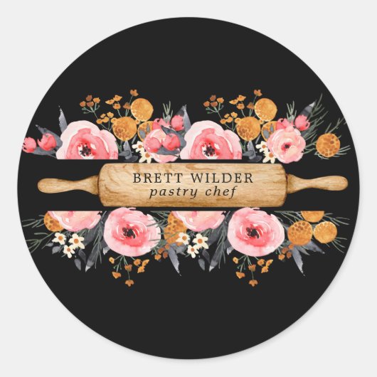 Pstry Koch Baker Rolling Button floral Black Runder Aufkleber (Vorderseite)