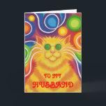 Psy-cat-delic 'Husband''Groovy Geburtstag' Karte<br><div class="desc">Groovy Baby! Eine gelb-orange gestreifte Katze mit wirbelnden Whiskern und einem psychedelischen,  gemusterten Hintergrund. Die Grußkarte mit einem gelben,  orangefarbenen,  roten,  blauen,  grünen,  rosa,  lila und weißen Design,  mit dem Sie Ihre eigenen Texte,  Bilder und Ideen individuell gestalten können.Ein origineller,  digital erweiterter Bleistift,  der von Jess Perry gezeichnet wird.</div>