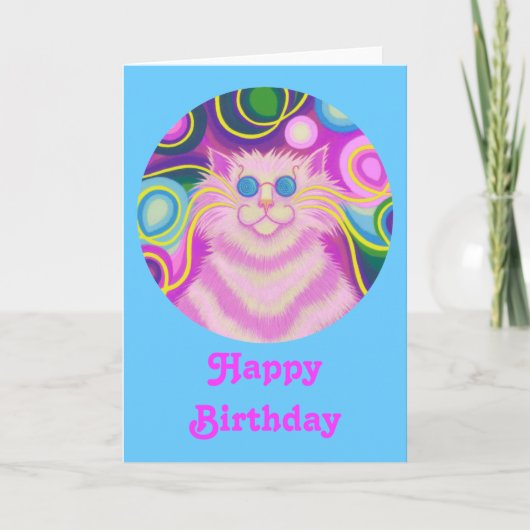 Psy-cat-delic Pink "Happy Birthday" Karte blau (Vorderseite)
