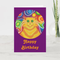 Psy-cat-delic Round 'Happy Birthday' card lila