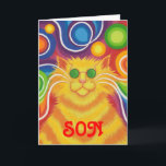 Psy-cat-delic 'Son''Groovy Geburtstagskarte' Karte<br><div class="desc">Groovy Baby! Eine gelb-orange gestreifte Katze mit wirbelnden Whiskern und einem psychedelischen,  gemusterten Hintergrund. Die Grußkarte mit einem gelben,  orangefarbenen,  roten,  blauen,  grünen,  rosa,  lila und weißen Design,  mit dem Sie Ihre eigenen Texte,  Bilder und Ideen personalisieren können.Ein origineller,  digital erweiterter Bleistift,  der von Jess Perry gezeichnet wird.</div>