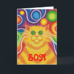 Psy-cat-delic 'Son''Groovy Geburtstagskarte' Karte<br><div class="desc">Groovy Baby! Eine gelb-orange gestreifte Katze mit wirbelnden Whiskern und einem psychedelischen,  gemusterten Hintergrund. Die Grußkarte mit einem gelben,  orangefarbenen,  roten,  blauen,  grünen,  rosa,  lila und weißen Design,  mit dem Sie Ihre eigenen Texte,  Bilder und Ideen personalisieren können.Ein origineller,  digital erweiterter Bleistift,  der von Jess Perry gezeichnet wird.</div>