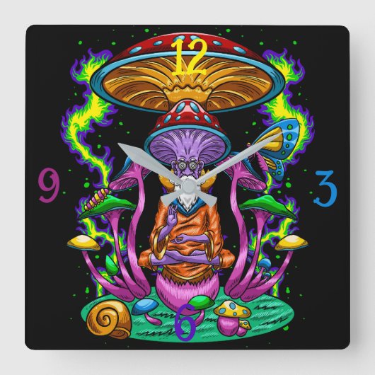Psycedelic Hippy Mushroom Square Wall Clock Quadratische Wanduhr (Vorderseite)