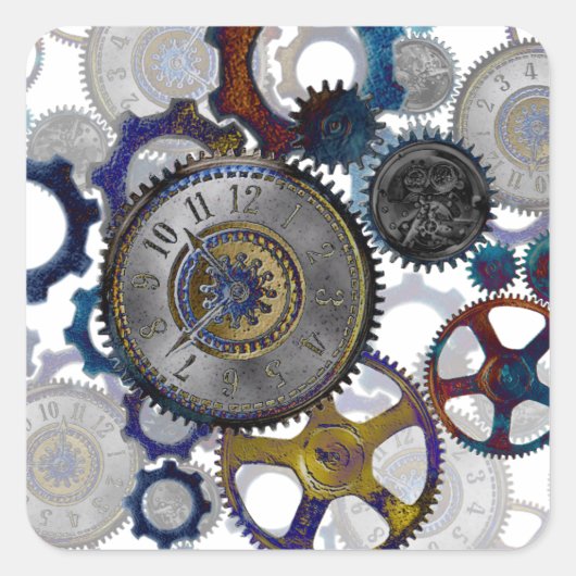 Psychadelic steampunk gears, Cogs, clock face gift Quadratischer Aufkleber (Vorderseite)