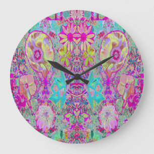 Psychedelic Abstract Magenta and Aqua Garden Art Große Wanduhr