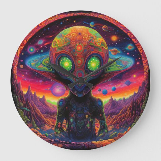 Psychedelic Alien Friend Große Wanduhr (Vorderseite)