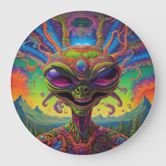 Psychedelic Alien Portrait Große Wanduhr (Vorderseite)