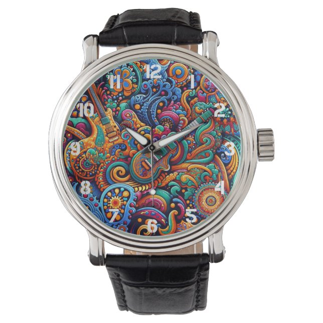 Psychedelic Batik Gitarre Kunstfarbenfrohe Retro M Armbanduhr (Vorderseite)