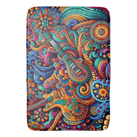 Psychedelic Batik Gitarre Kunstfarbenfrohe Retro M Badematte (Vorderseite Vertikal)