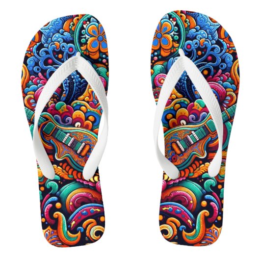 Psychedelic Batik Gitarre Kunstfarbenfrohe Retro M Badesandalen (Fußbett)