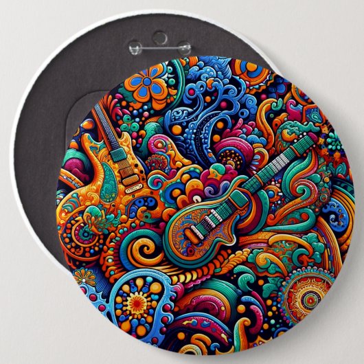 Psychedelic Batik Gitarre Kunstfarbenfrohe Retro M Button (Vorne & Hinten)