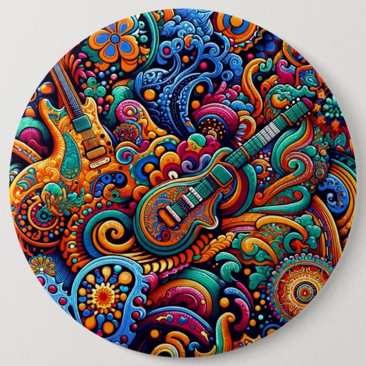 Psychedelic Batik Gitarre Kunstfarbenfrohe Retro M Button (Vorderseite)