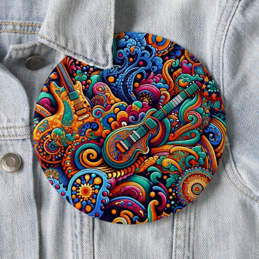 Psychedelic Batik Gitarre Kunstfarbenfrohe Retro M Button (Beispiel)