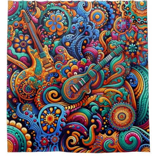 Psychedelic Batik Gitarre Kunstfarbenfrohe Retro M Duschvorhang (Vorderseite)