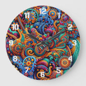Psychedelic Batik Gitarre Kunstfarbenfrohe Retro M Große Wanduhr (Vorderseite)