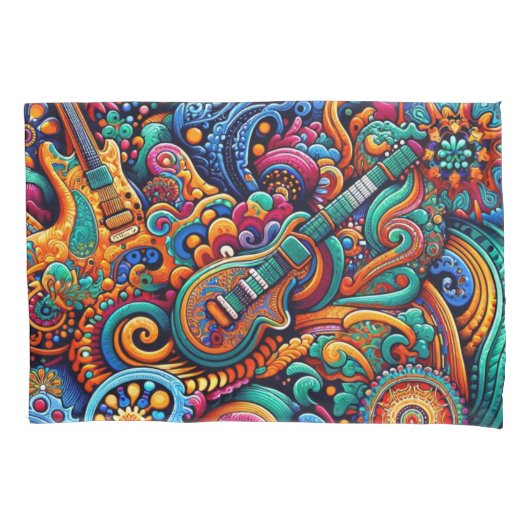 Psychedelic Batik Gitarre Kunstfarbenfrohe Retro M Kissenbezug (Vorderseite)