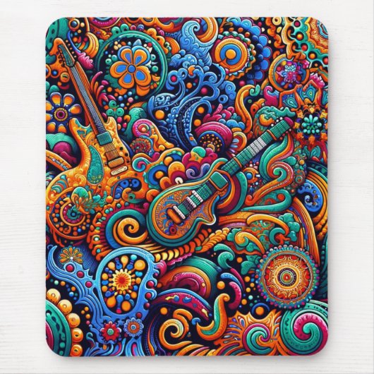 Psychedelic Batik Gitarre Kunstfarbenfrohe Retro M Mousepad (Vorne)