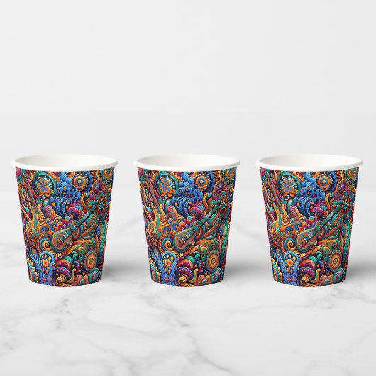 Psychedelic Batik Gitarre Kunstfarbenfrohe Retro M Pappbecher (Multi)