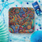 Psychedelic Batik Gitarre Kunstfarbenfrohe Retro M Pappteller (Party)