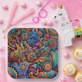Psychedelic Batik Gitarre Kunstfarbenfrohe Retro M Pappteller (Party)