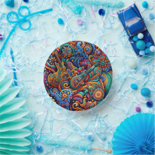 Psychedelic Batik Gitarre Kunstfarbenfrohe Retro M Pappteller