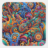 Psychedelic Batik Gitarre Kunstfarbenfrohe Retro M Quadratischer Aufkleber (Vorderseite)