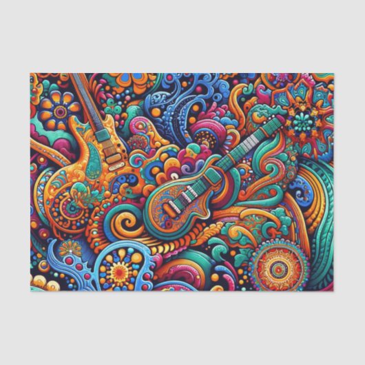 Psychedelic Batik Gitarre Kunstfarbenfrohe Retro M Seidenpapier (Vorderseite)