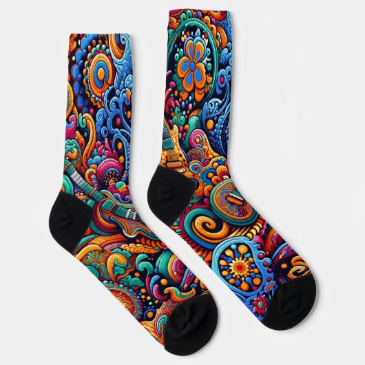 Psychedelic Batik Gitarre Kunstfarbenfrohe Retro M Socken (Rechts)