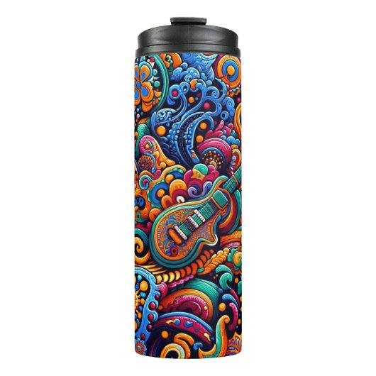 Psychedelic Batik Gitarre Kunstfarbenfrohe Retro M Thermosbecher (Vorderseite)