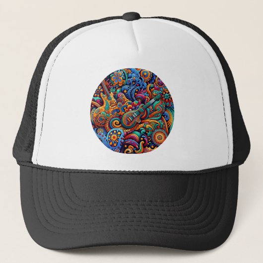 Psychedelic Batik Gitarre Kunstfarbenfrohe Retro M Truckerkappe (Vorderseite)