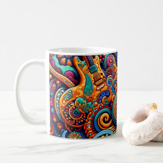 Psychedelic Batik Guitar Art–Colorful Retro Music Kaffeetasse (Mit Donut)