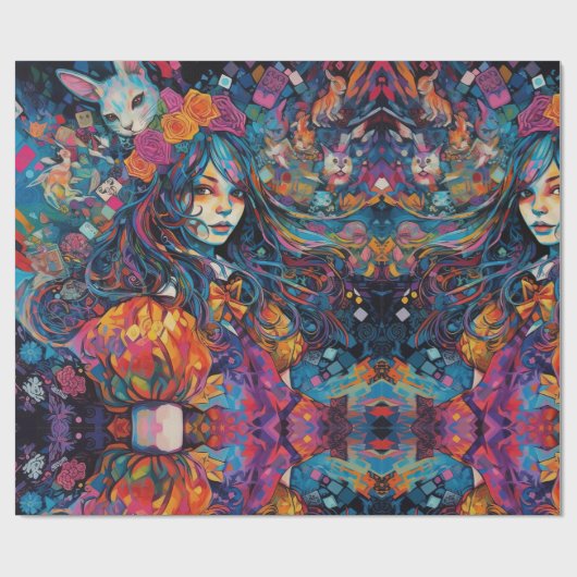 Psychedelic Blue Alice im Wunderland Theme Geschenkpapier (Flach)
