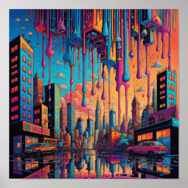 Psychedelic Blue Orange Drippy City Poster