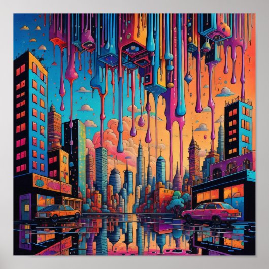 Psychedelic Blue Orange Drippy City Poster (Vorne)