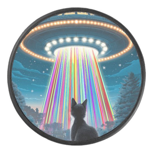 Psychedelic Cat & UFO | Funny Alien Abduction Art Eishockey Puck (Vorderseite)