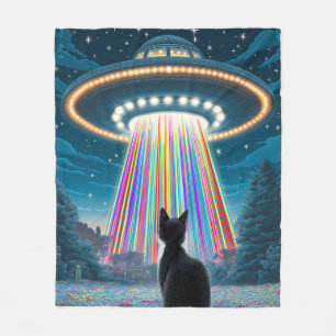 Psychedelic Cat & UFO Funny Alien Abduction Art Fleecedecke