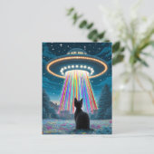Psychedelic Cat & UFO | Funny Alien Abduction Art Postkarte (Stehend Vorderseite)