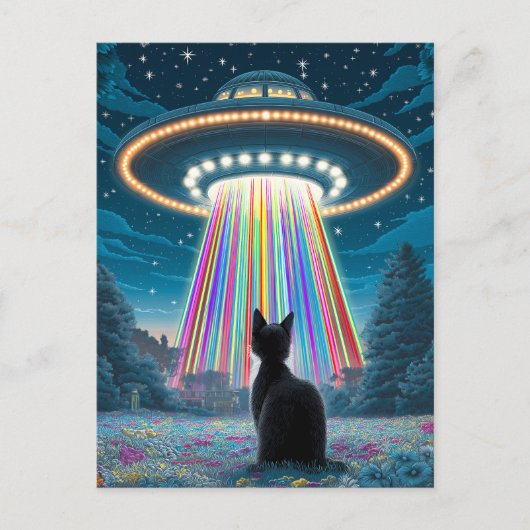 Psychedelic Cat & UFO | Funny Alien Abduction Art Postkarte (Vorderseite)