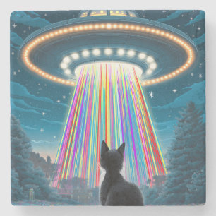 Psychedelic Cat & UFO   Funny Alien Abduction Art Steinuntersetzer