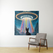 Psychedelic Cat & UFO | Funny Alien Abduction Art Wandteppich (Beispiel)