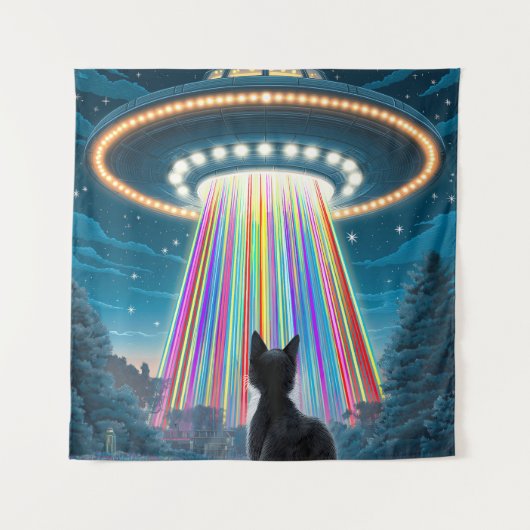 Psychedelic Cat & UFO | Funny Alien Abduction Art Wandteppich (Vorderseite)