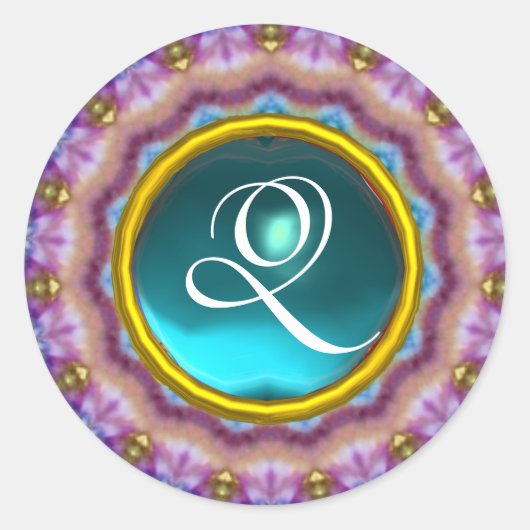 PSYCHEDELIC CIRCLES MONOGRAMM-blaue Turquase rosa Runder Aufkleber (Vorderseite)