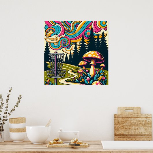 Psychedelic Disk Golf Basket und Retro Mushrooms Poster (Küche)