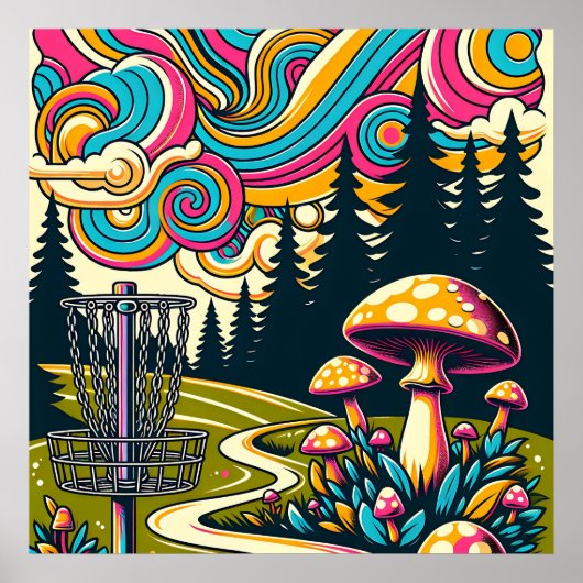 Psychedelic Disk Golf Basket und Retro Mushrooms Poster (Vorne)