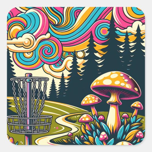 Psychedelic Disk Golf Basket und Retro Mushrooms Quadratischer Aufkleber (Vorderseite)