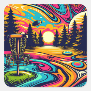 Psychedelic Disk Golf Course bei Sunset Quadratischer Aufkleber
