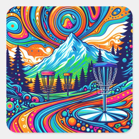 Psychedelic Disk Golf Course Quadratischer Aufkleber (Vorderseite)